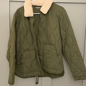 Olive Quilted Jacket with Cream Collar